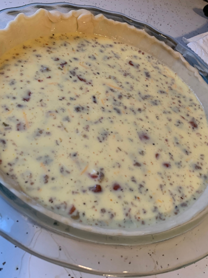 Bacon and Sausage Quiche Before Baking