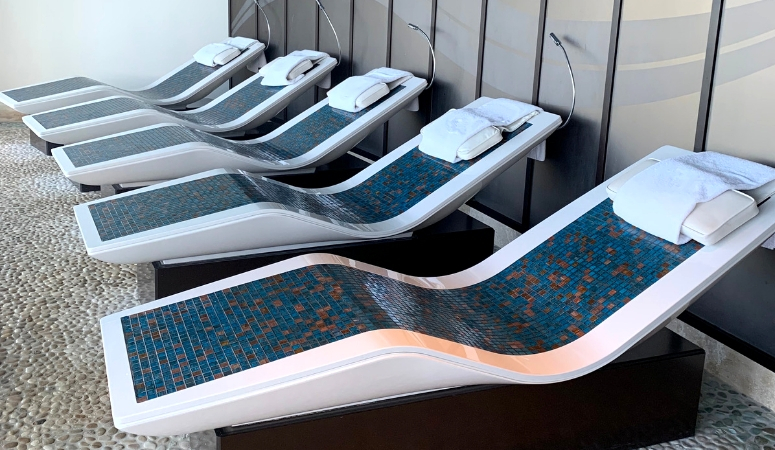 The heated loungers available in the Rainforest at Senses Spa.