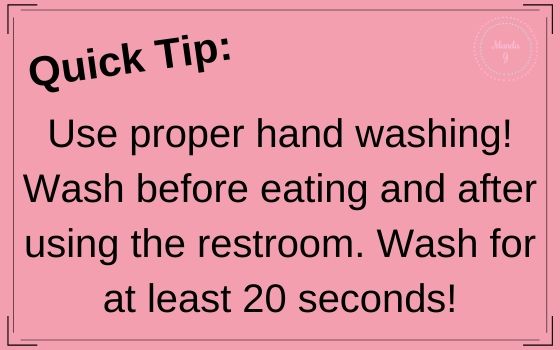Text stating: Use proper&nbsp;hand washing! Wash&nbsp;before eating and after using the restroom. Wash for at least 20 seconds!