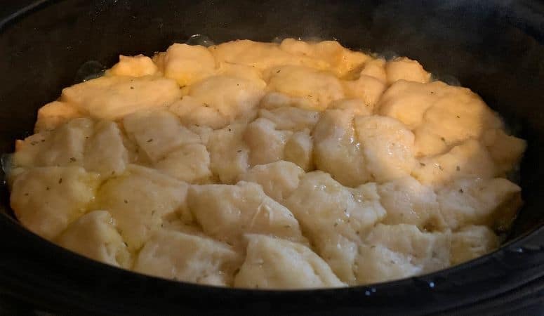 chicken and dumplings in the crock pot with biscuits
